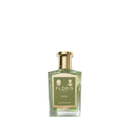 A bottle of Floris London Elite - Eau de Toilette offers woody notes in a refined, timeless scent, featuring a gold cap and label.