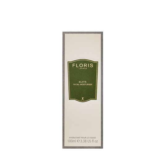 Floris London Elite Facial Moisturiser, 100ml, hydrates skin and provides antioxidant protection, comes in a box with green and gold label.