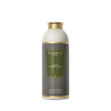 Floris London Elite Fragrance Powder, 100g, in gold, green, and cream packaging soothes and protects skin with a refined scent.