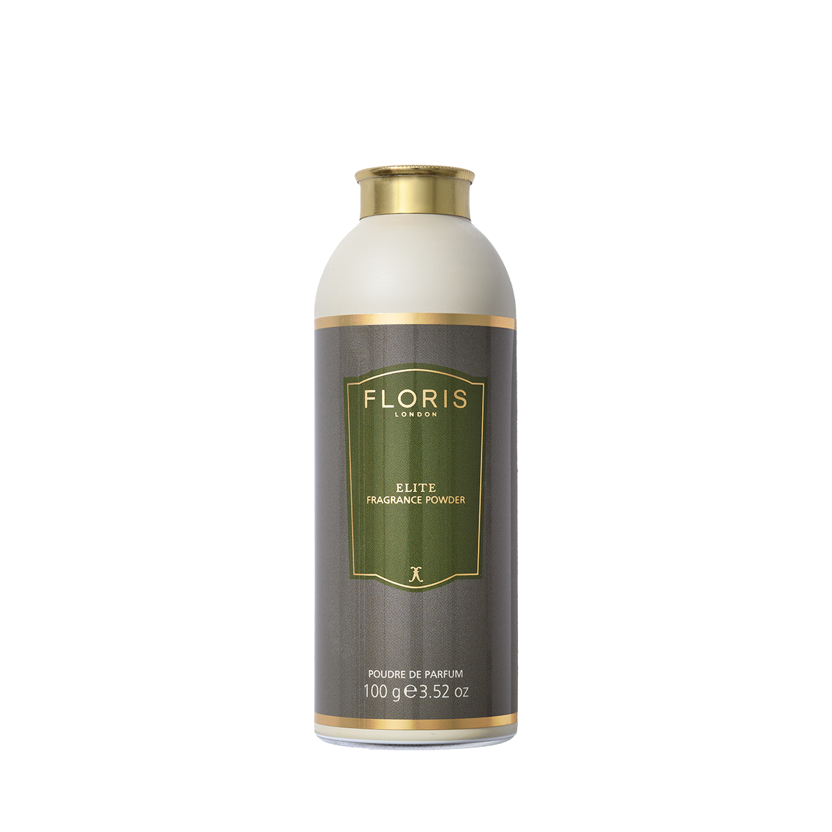 A 100g bottle of Floris London's Elite Fragrance Powder, featuring a gold cap, green label, and soothing aloe vera for skin protection.