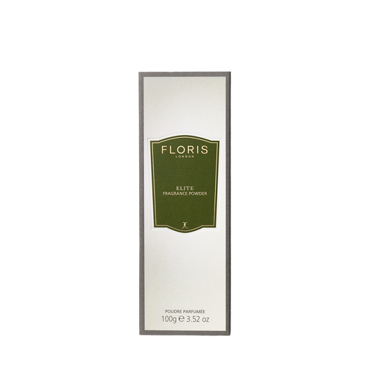 Floris London Elite - Fragrance Powder, 100g, features a soothing, protective formula and comes in a green and gold-labelled box.