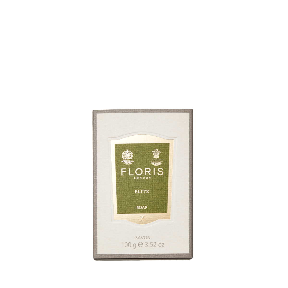 A 100g box of Floris London Elite - Luxury Soap for men, featuring a green and gold label on a beige background.