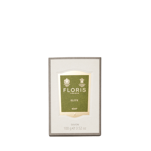A 100g box of Floris London Elite - Luxury Soap for men, featuring a green and gold label on a beige background.