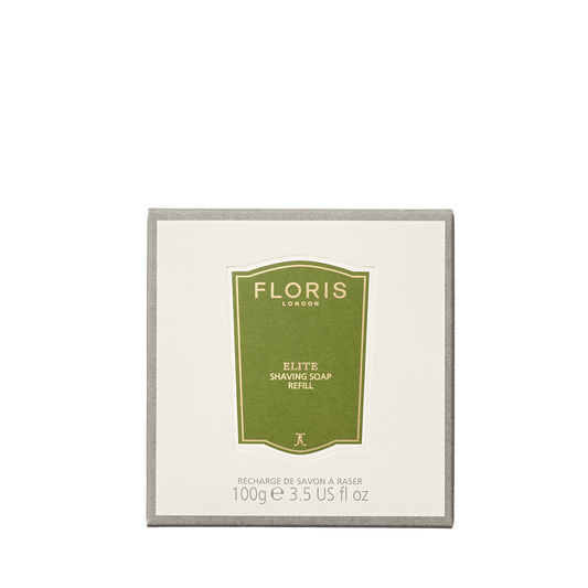 Floris London Elite Shaving Soap Refill, 100g (3.5oz), presented in a square cream and gray box.