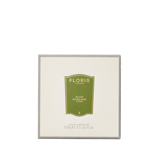 Floris London Elite - Shaving Soap & Bowl, 100g, features luxurious soap in a classic wooden bowl with a green and gold label.