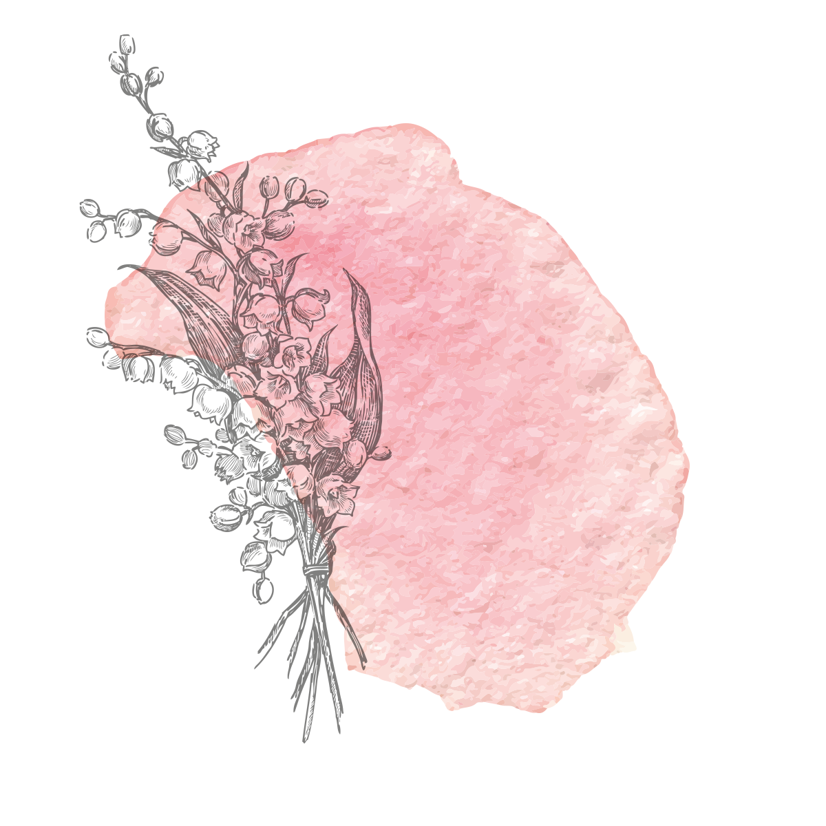 Sketched bouquet of flowers against a pink watercolor blotch on a white background.