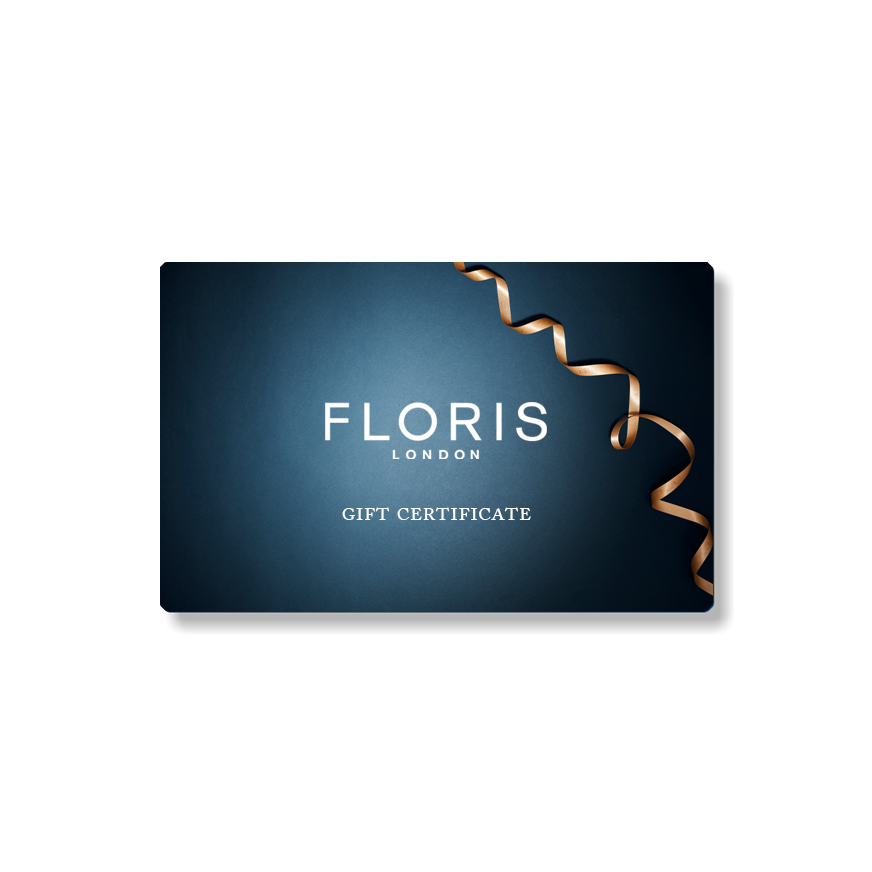 A Floris London UK Gift Card featuring a blue background and a gold ribbon along the right edge.