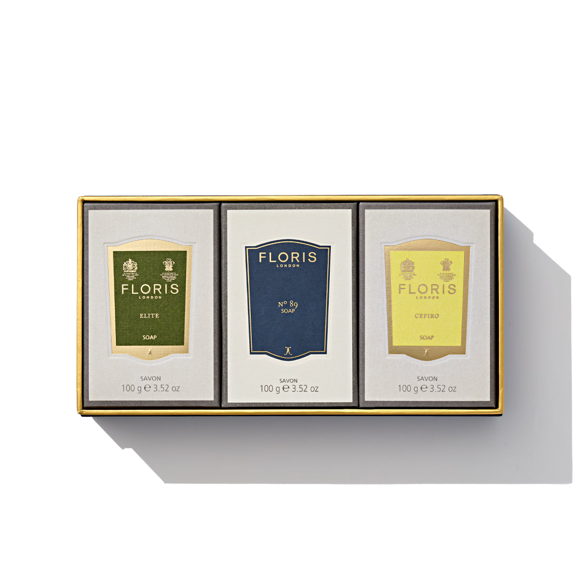 A trio from the Floris London Soap Collection | For Him includes bars labeled Elite, No. 89, and Cefiro, each adorned with unique colored packaging complemented by delicate notes of Night Scented Jasmine.