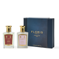 The Cherry Blossom Duo by Floris London features two perfume bottles nestled beside a dark blue gift box, forming an elegant gift set.