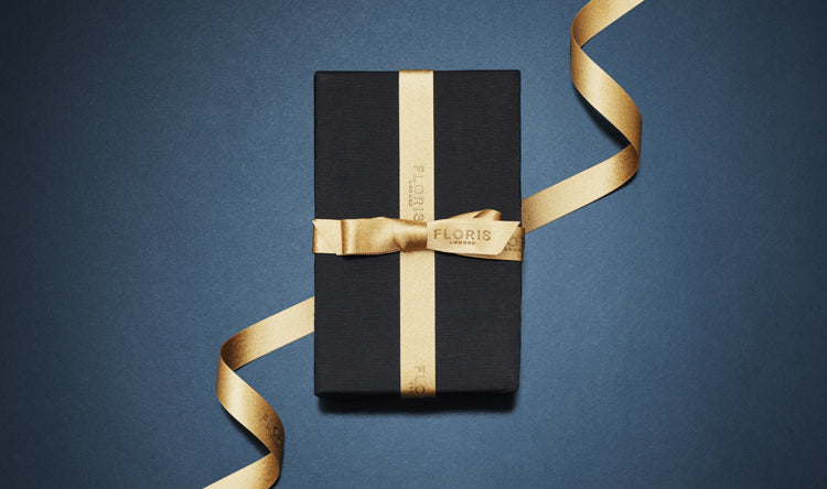 Floris London US's gift wrapping service, featuring beautifully wrapped packages in luxurious paper and ribbon.