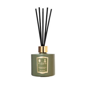 Floris London Grapefruit & Rosemary Reed Diffuser 200ml with black sticks and gold label, blending grapefruit, rosemary, sandalwood, and musk notes.