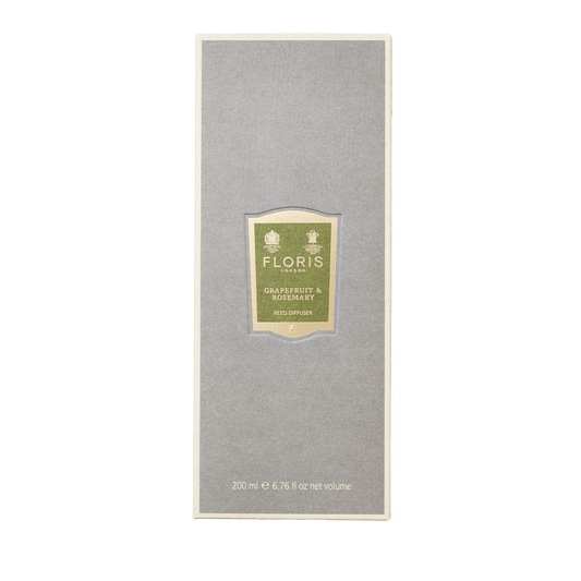 Rectangular gray Floris London box with a front label for Grapefruit & Rosemary - Reed Diffuser 200ml.