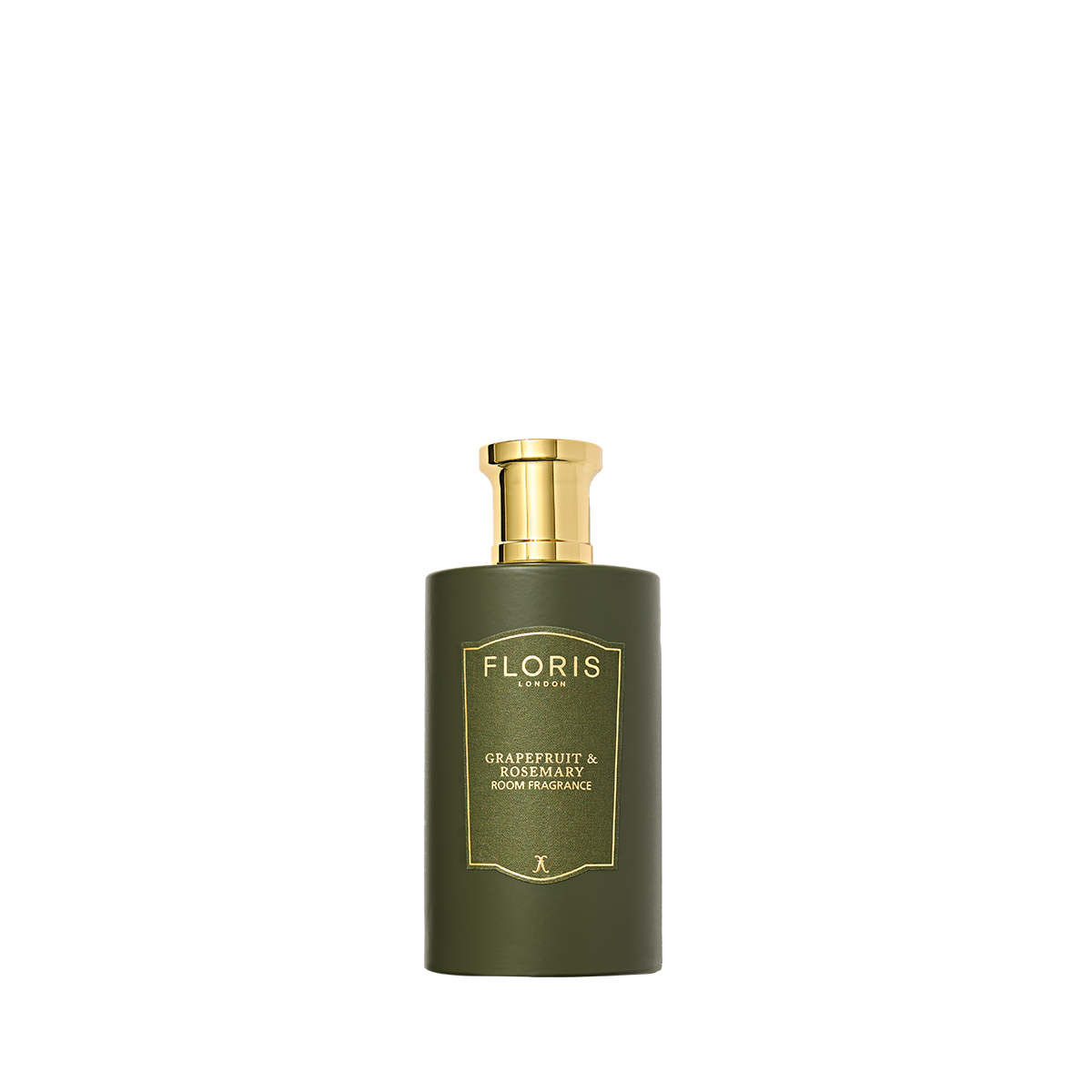 A green Floris London Grapefruit & Rosemary Room Fragrance with a gold label and pump, featuring a fresh, zesty grapefruit scent.
