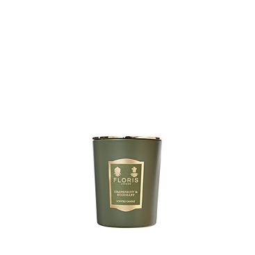 The Floris London Grapefruit & Rosemary Scented Candle 175g features a gold label and is hand-poured with pure oils for a vibrant, uplifting aroma.