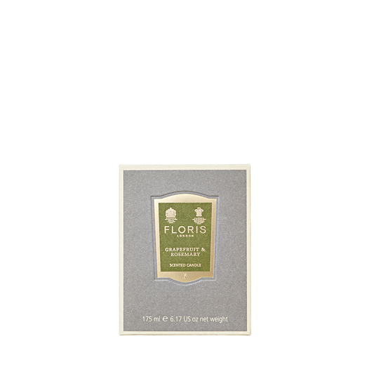 A grey box labeled "Floris London Grapefruit & Rosemary - Scented Candle 175g"—hand poured with pure fragrance oils for an exquisite aroma.