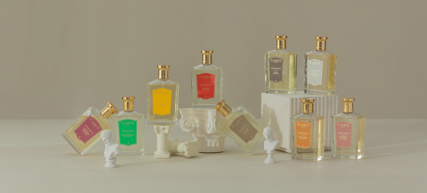 Floris London US product group display, featuring a collection of elegantly packaged perfumes and accessories.