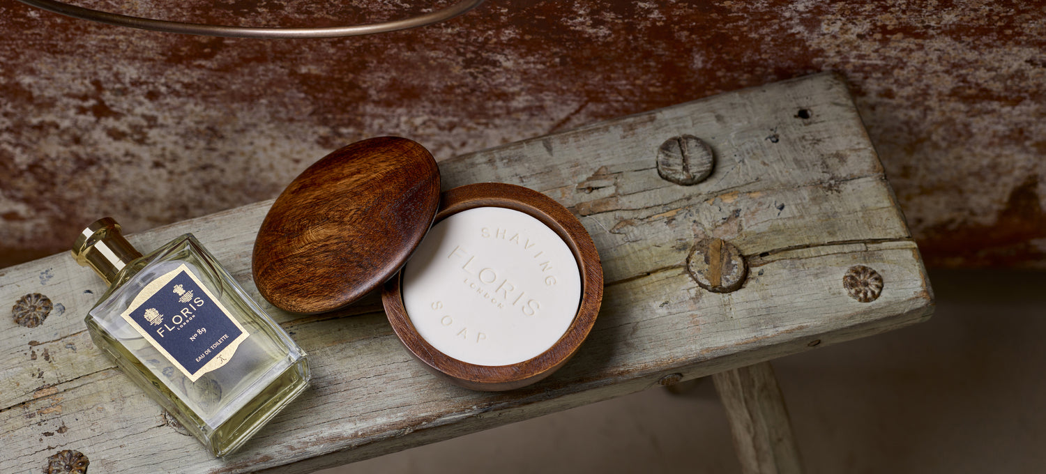 Floris London Room Fragrances, placed upon a wooden chest in a sea side cottage. 