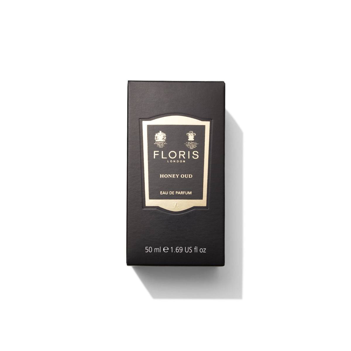 A black 50 ml box of Floris London's Honey Oud - Eau de Parfum from their prestigious Private Collection, displayed on a white background.