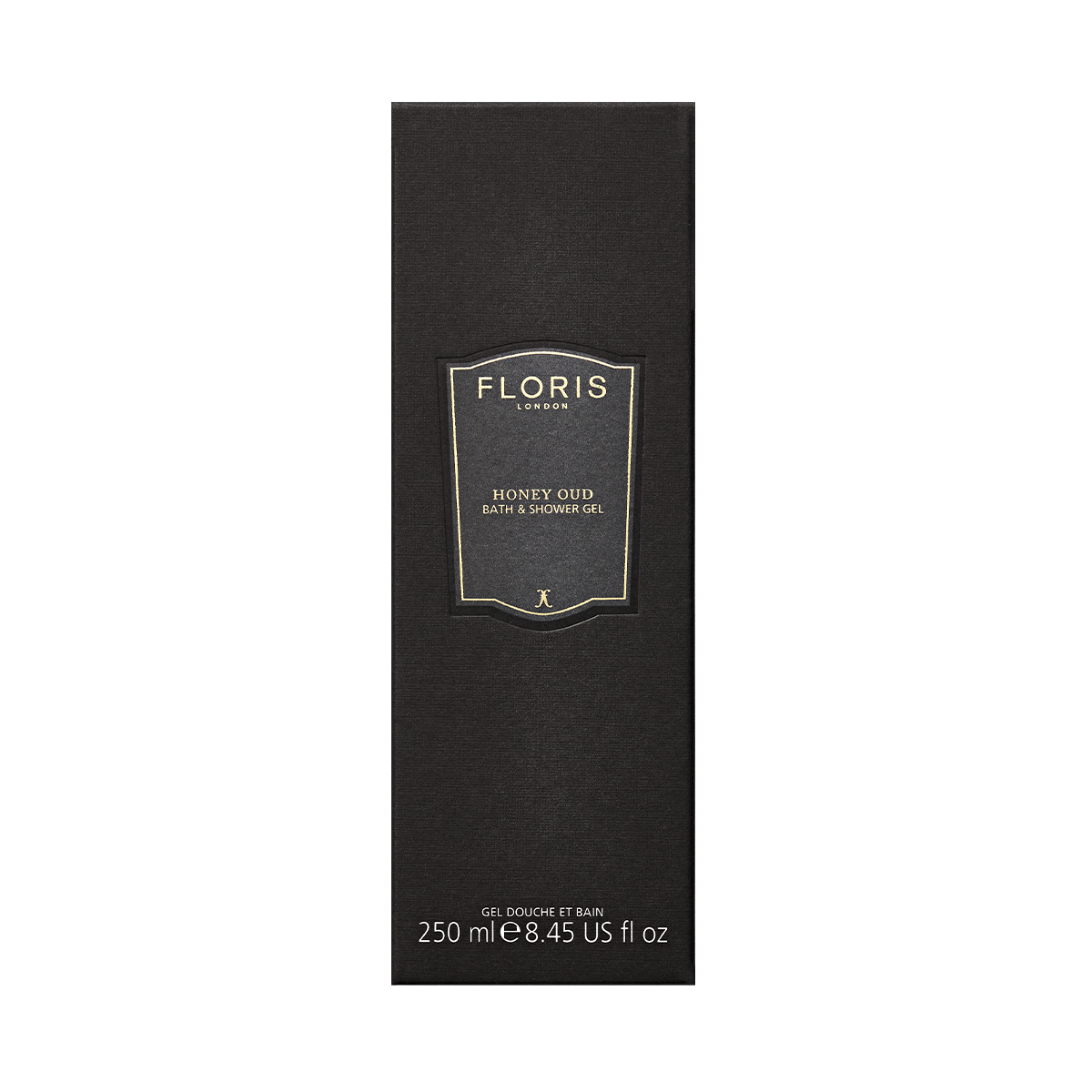 Floris London UK Honey Oud Bath & Shower Gel, 250ml—black rectangular bottle with gold and white text, enriched with oud oil and English honey.