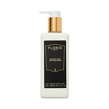 Floris London Honey Oud - Body Moisturiser 250ml, with a gold pump and black label, enriched with English honey and oud oil.