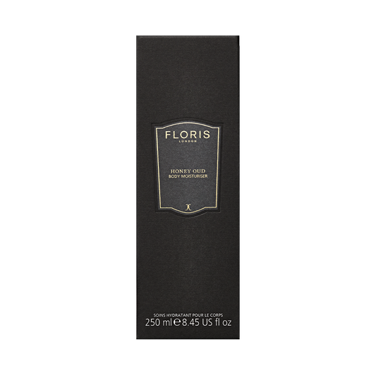Floris London Honey Oud - Body Moisturiser 250ml in a black box with gold and white text; a luxury blend of oud oil and English honey.