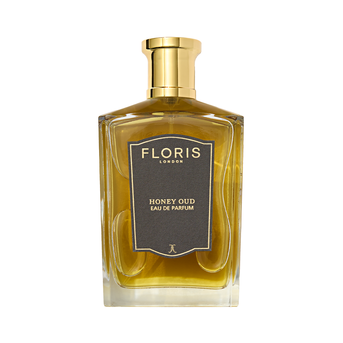 A bottle of Floris London Honey Oud Eau de Parfum, blending English honey and oud, with a gold cap and dark front label.