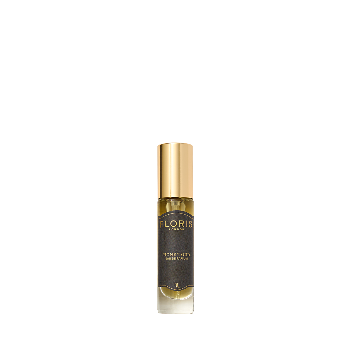 A small bottle of Floris London Honey Oud - Eau de Parfum, featuring rich oud oil and English honey, with a gold cap and dark label.