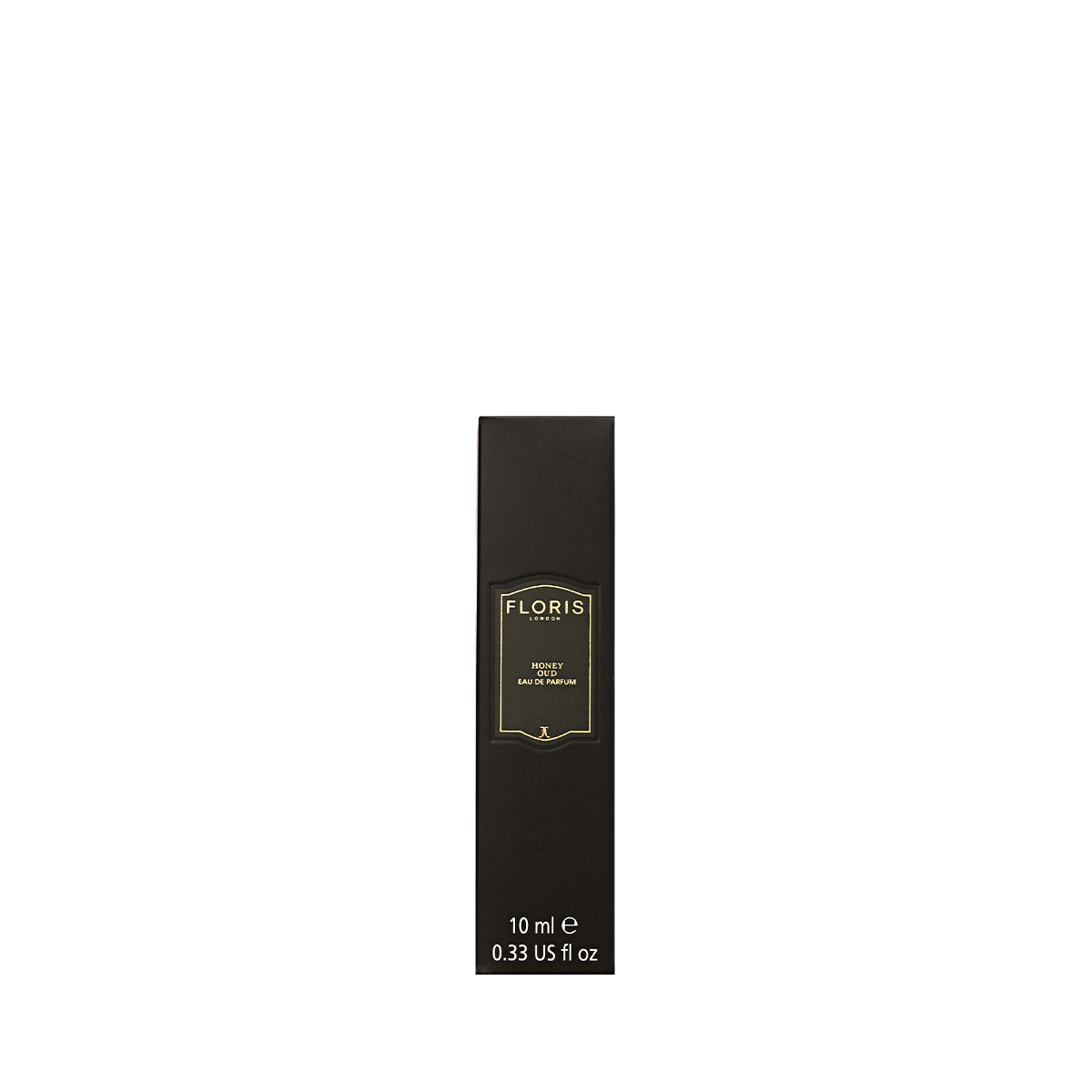 A black Floris London box labeled "Honey Oud - Eau de Parfum," 10 ml, with gold text sits on a white background.