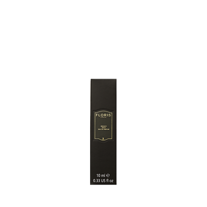 A black Floris London box labeled "Honey Oud - Eau de Parfum," 10 ml, with gold text sits on a white background.