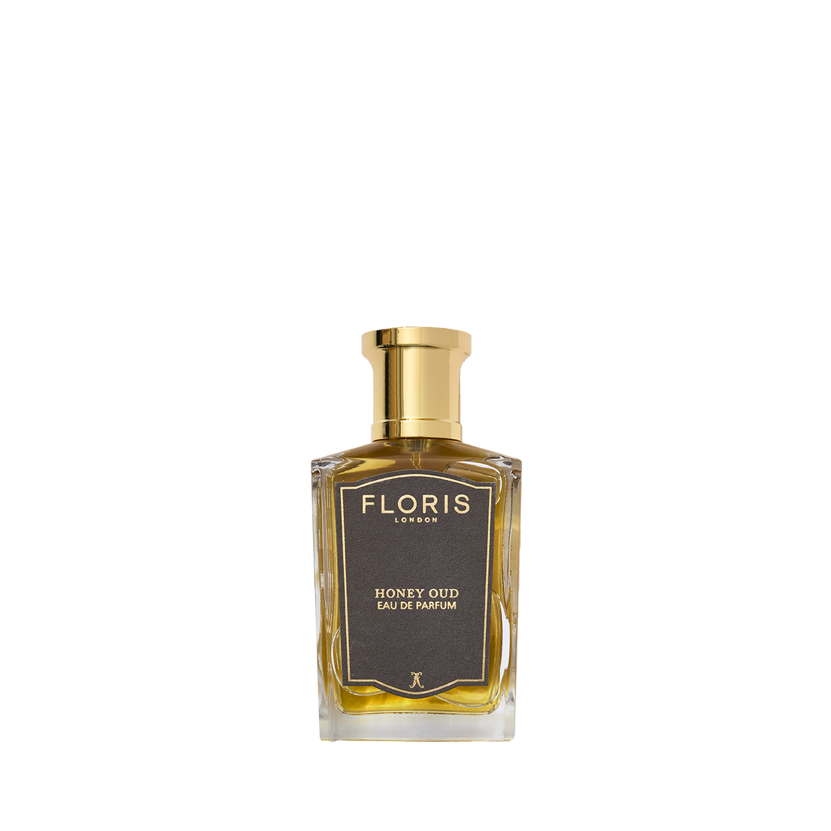A bottle of Floris London Honey Oud - Eau de Parfum, featuring a gold cap and dark label, is pictured on a white background.