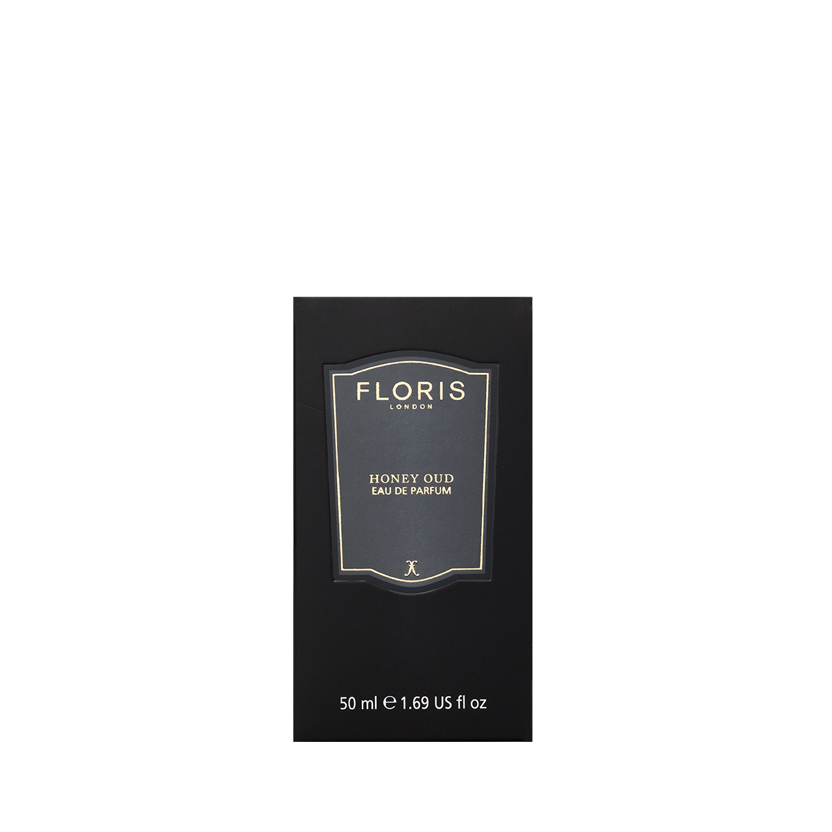 Black box of Floris London Honey Oud - Eau de Parfum, 50 ml, with gold and white text inspired by English honey and luxurious oud oil.