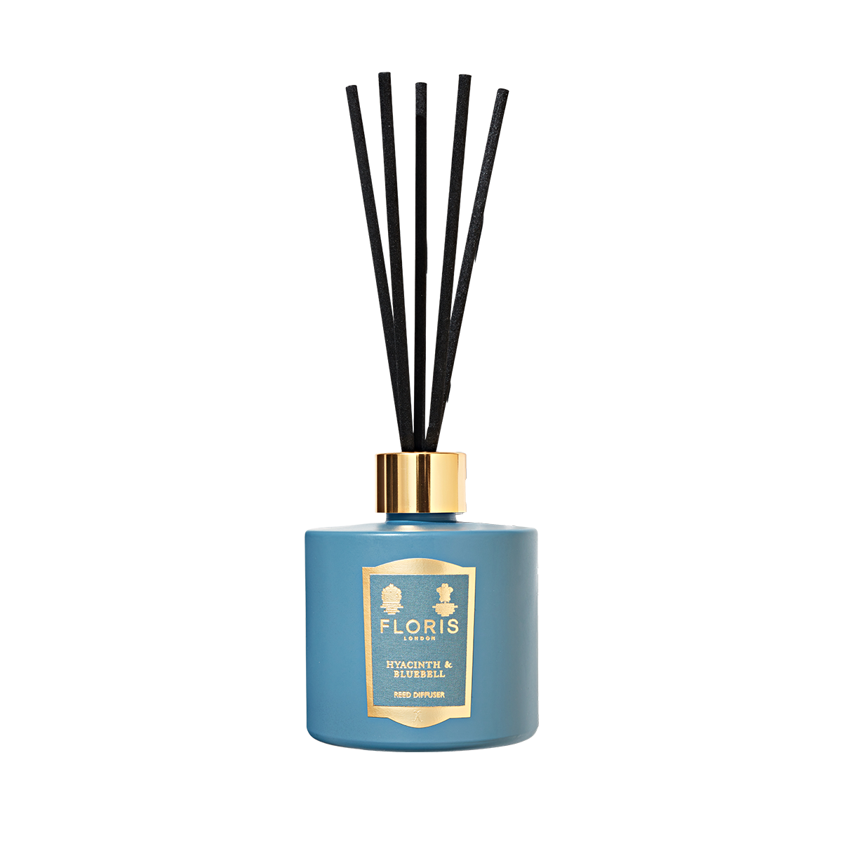 The Floris London Hyacinth & Bluebell Reed Diffuser features black reeds, a gold label, and a fresh spring floral scent.