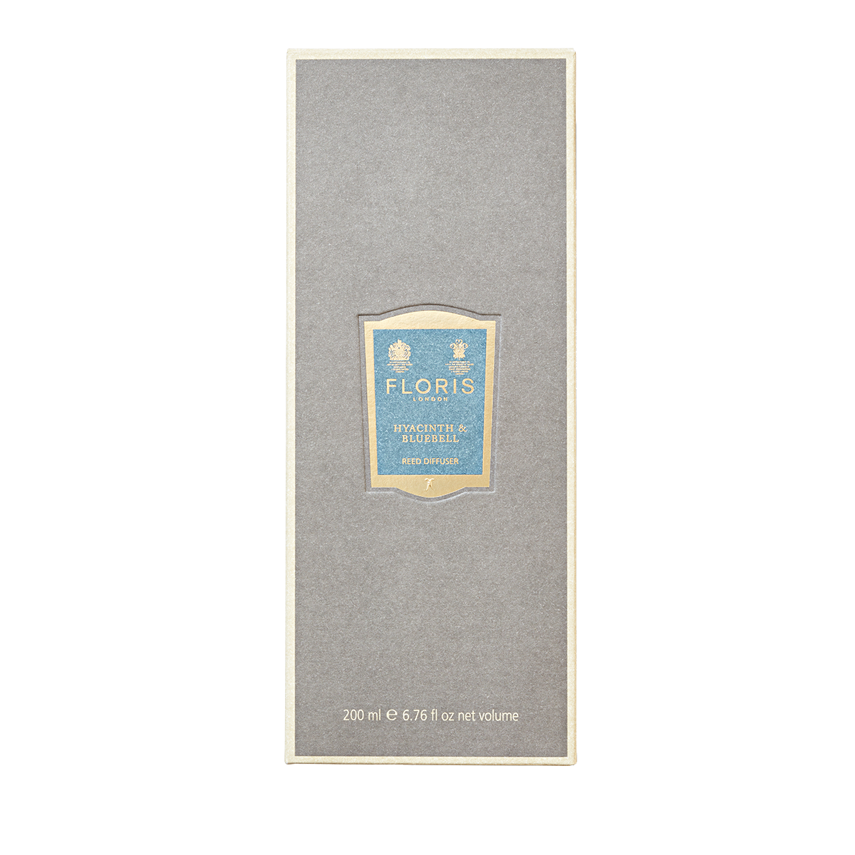 Gray Floris London box with a blue label reading "Hyacinth & Bluebell - Reed Diffuser, 200 ml"—a green floral scent inspired by spring flowers.