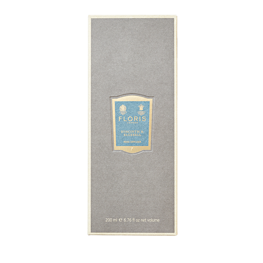 Gray Floris London box with a blue label reading "Hyacinth & Bluebell - Reed Diffuser, 200 ml"—a green floral scent inspired by spring flowers.