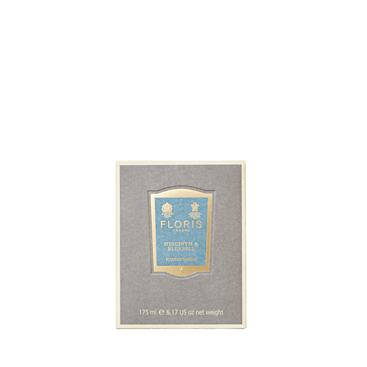 Gray and beige box of Floris London Hyacinth & Bluebell - Scented Candle 175g, with a blue label and green floral fragrance.