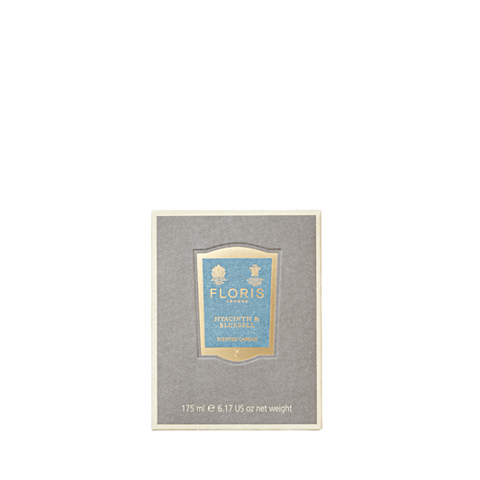 Gray and beige box of Floris London Hyacinth & Bluebell - Scented Candle 175g, with a blue label and green floral fragrance.