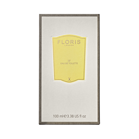 Box of Floris London JF - Eau de Toilette, 100 ml, a vegan citrus woody scent with a yellow label on a white background.