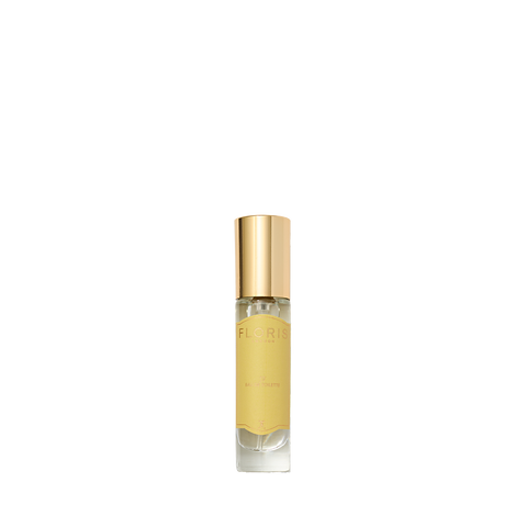 Floris London JF - Eau de Toilette is a clear glass bottle with gold cap and light yellow liquid, offering a citrus woody signature scent for men.