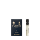 A Floris London JF - Eau de Toilette sample vial next to its dark blue box, featuring a vibrant citrus woody scent for men.