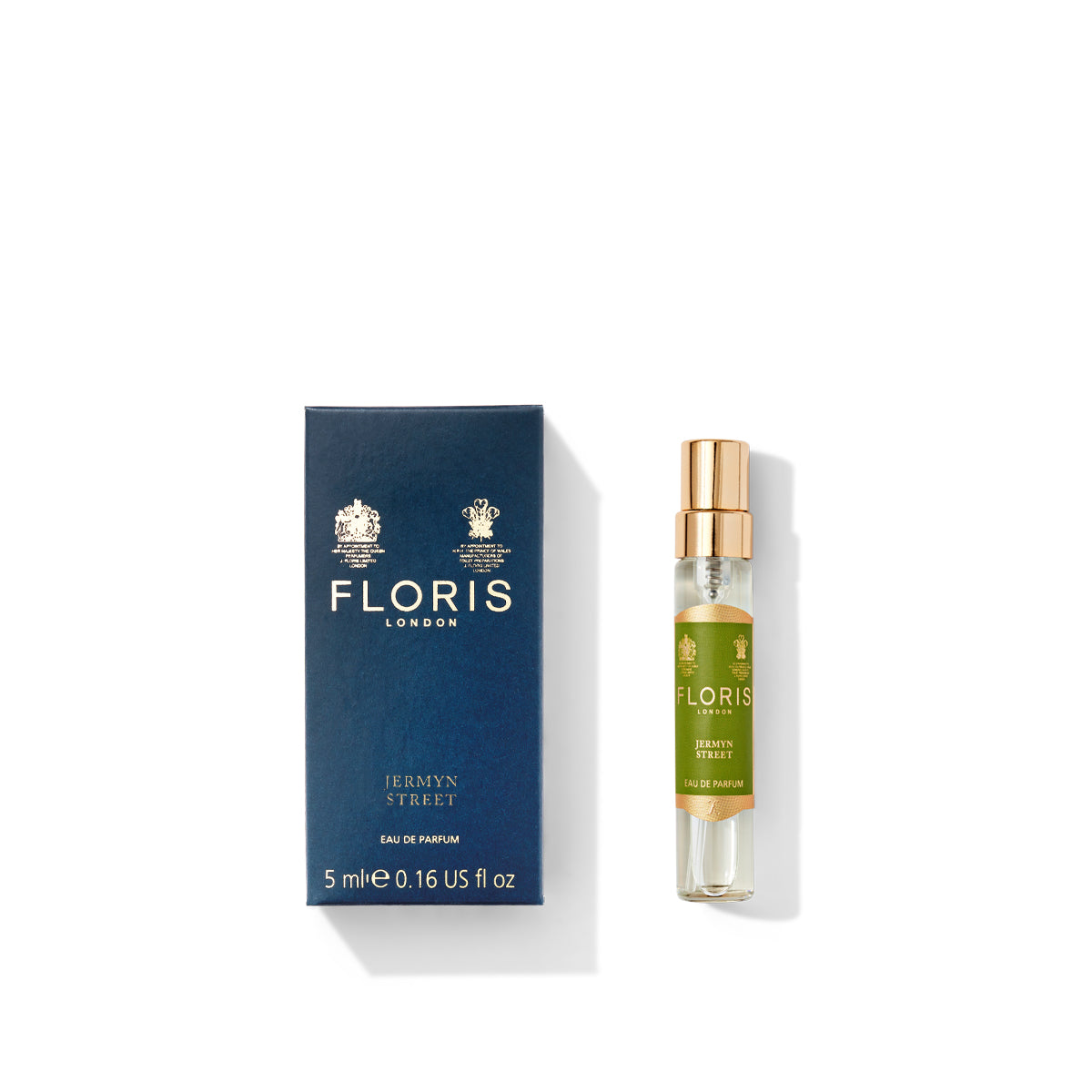 A small blue box and a 5ml Floris London "Jermyn Street" Eau de Parfum fragrance spray with gold accents on a white background.