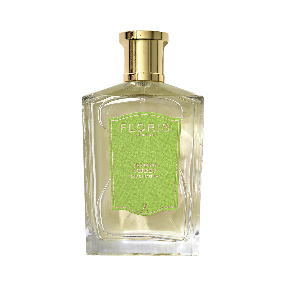 A clear glass bottle of Floris London Jermyn Street - Eau de Parfum with a gold cap and green label.