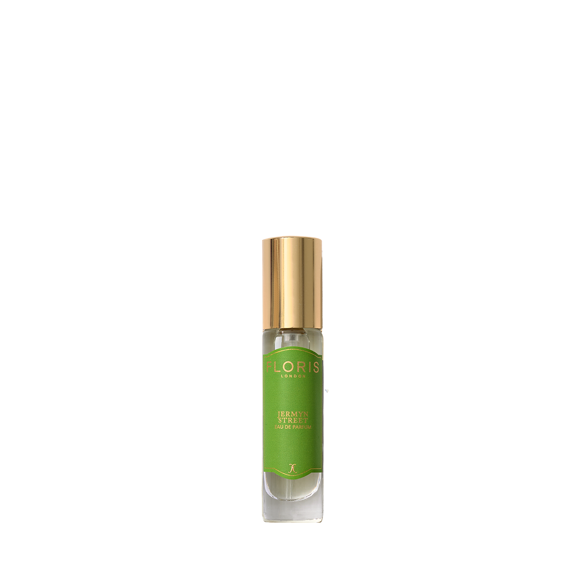 A small vegan Eau de Parfum bottle with a green label and gold cap, labeled "Floris London Jermyn Street".