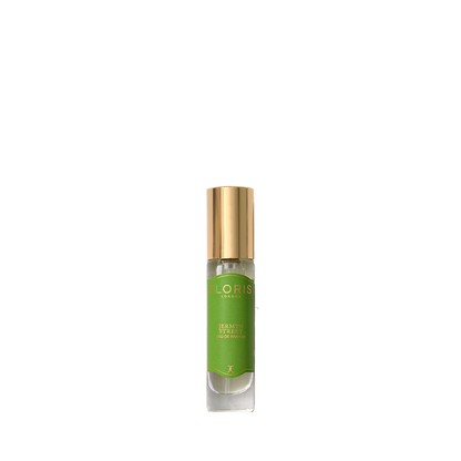 A small vegan Eau de Parfum bottle with a green label and gold cap, labeled "Floris London Jermyn Street".