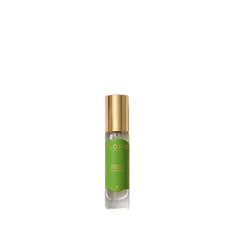 A small vegan Eau de Parfum bottle with a green label and gold cap, labeled "Floris London Jermyn Street".