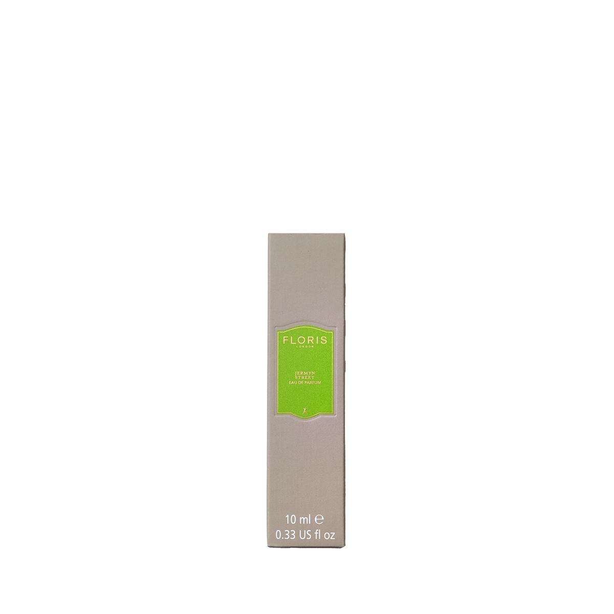 A beige Floris London Jermyn Street Eau de Parfum box with a green label, 10 ml vegan scent featuring a subtle gin fragrance.