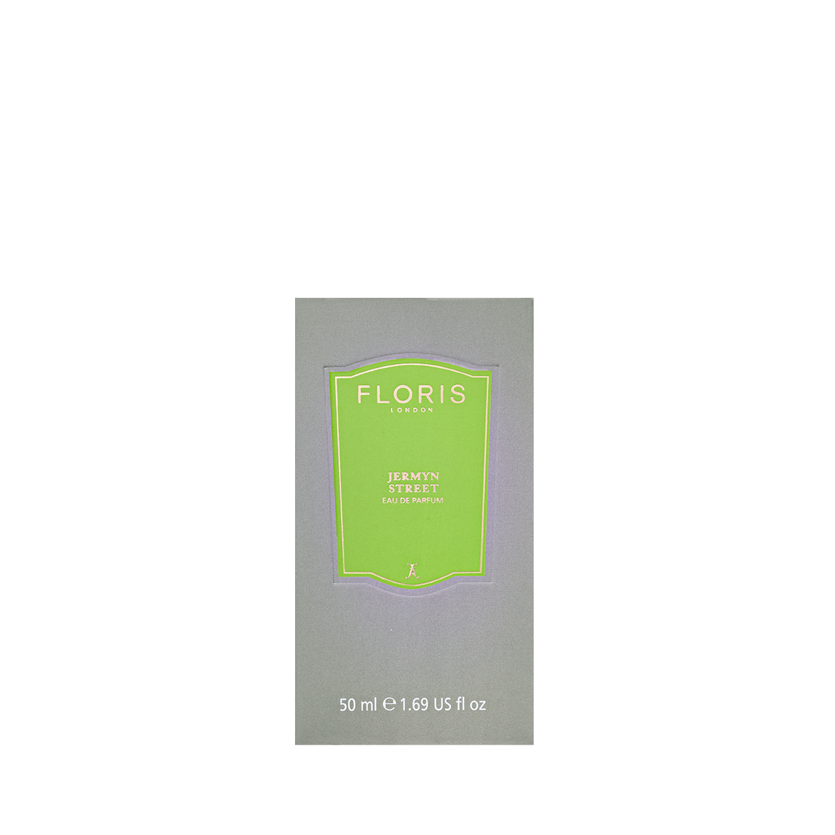 Grey box of Floris London Jermyn Street Eau de Parfum, 50 ml, a vegan fragrance with a green and purple front label.