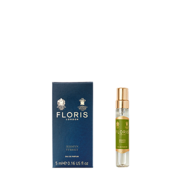 A blue Floris London box is next to a "Jermyn Street" Eau de Parfum 5ml, featuring vetiver notes in this refined vegan fragrance.