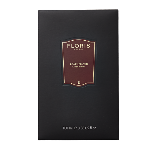 Black box of Floris London Leather Oud - Eau de Parfum, 100 ml, featuring a brown and gold central label, crafted with rich oud oil.