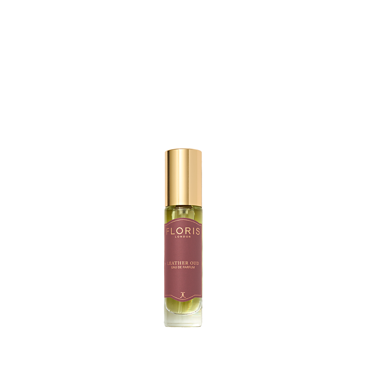 A small Floris London Leather Oud – Eau de Parfum bottle with a gold cap and maroon label, featuring rich oud oil, set against a white background.
