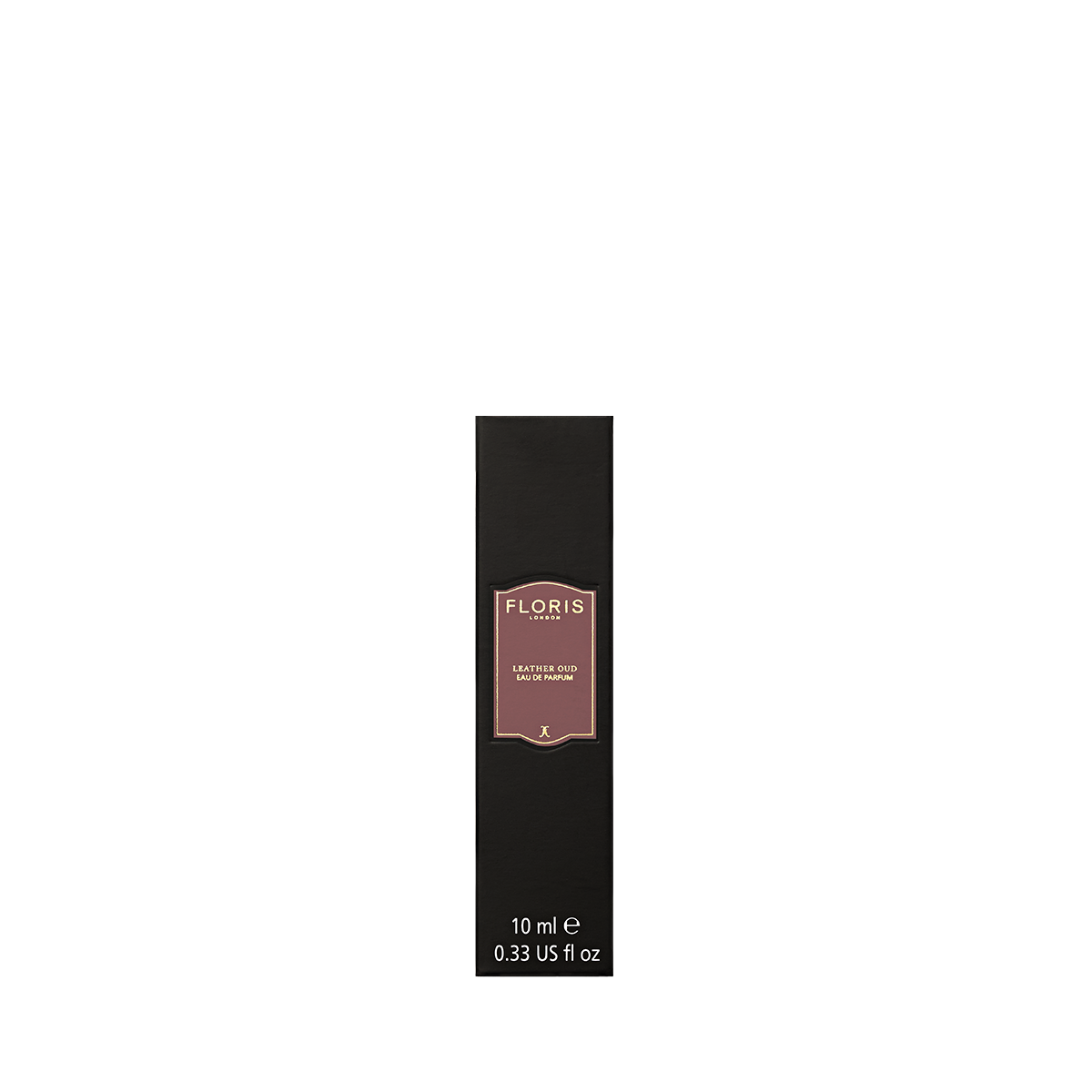 A tall, slim black Floris London Leather Oud Eau de Parfum box with a pink label and white text, 10 ml size.